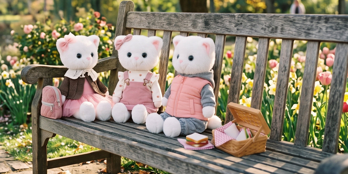 Three Lucky Kitty plush cats on a park bench
