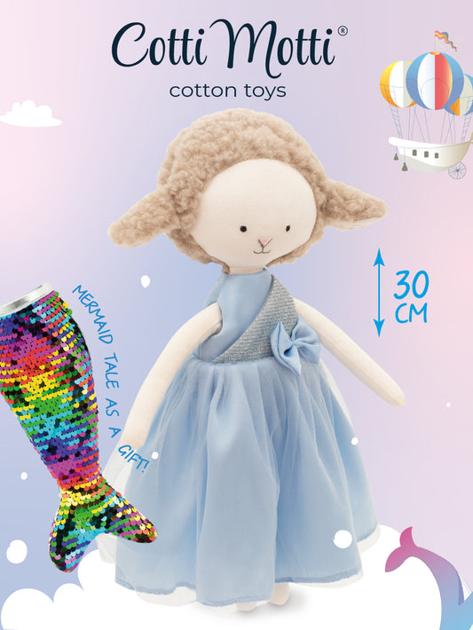 Zoe the Sheep in a blue satin dress with bonus mermaid tail – Cotti Motti cotton plush 30 cm